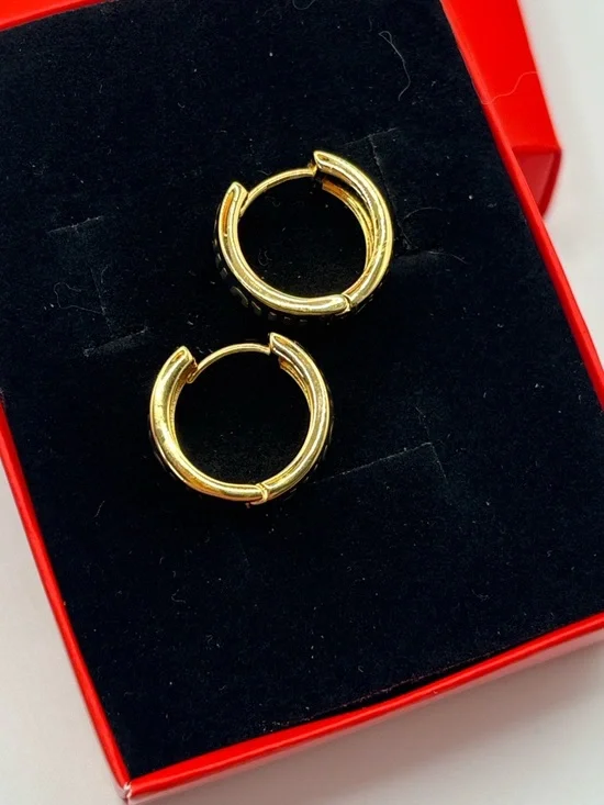 Luxury Designer Gold Tone Small Hoop Earrings Black Enamel Polished Logo Accent - Picture 7 of 15